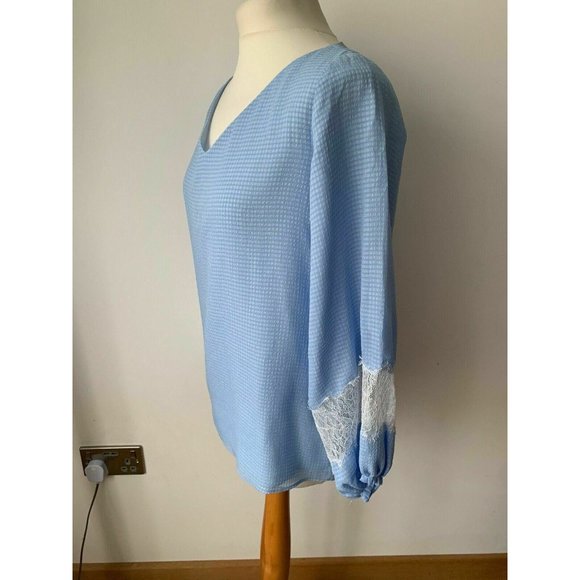 Massimo Dutti Gingham Lace Panel Bishop Sleeve Blouse Light Blue Size 10 / 38 - Picture 5 of 7
